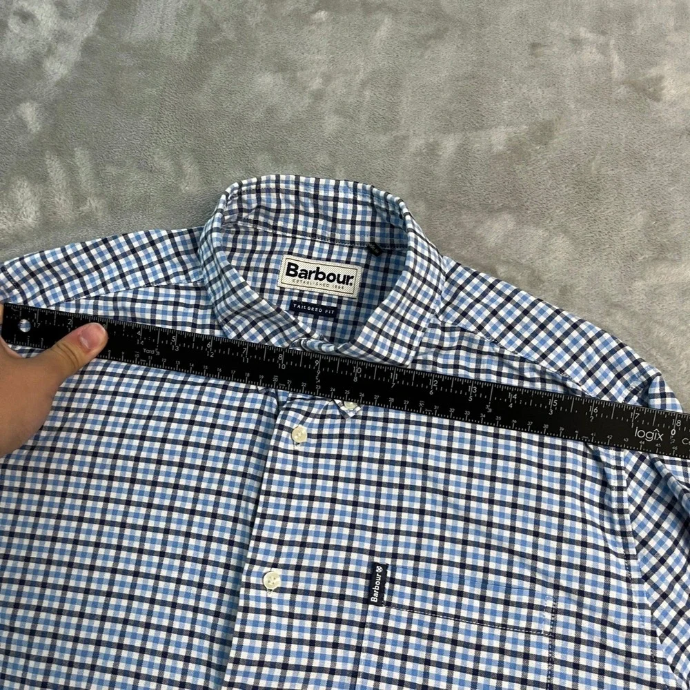 Barbour Gingham Check Tailored Fit Button Shirt Mens Medium Blue White Preppy